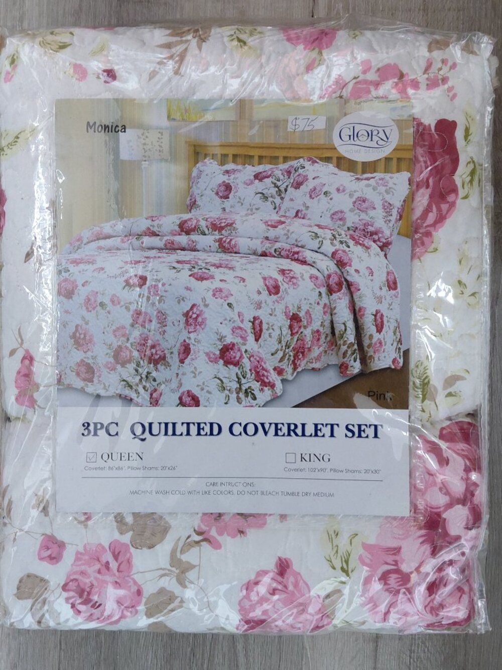 Glory Home Design 3 Piece , Monica Pink, Queen Size Quilted Coverlet Set
